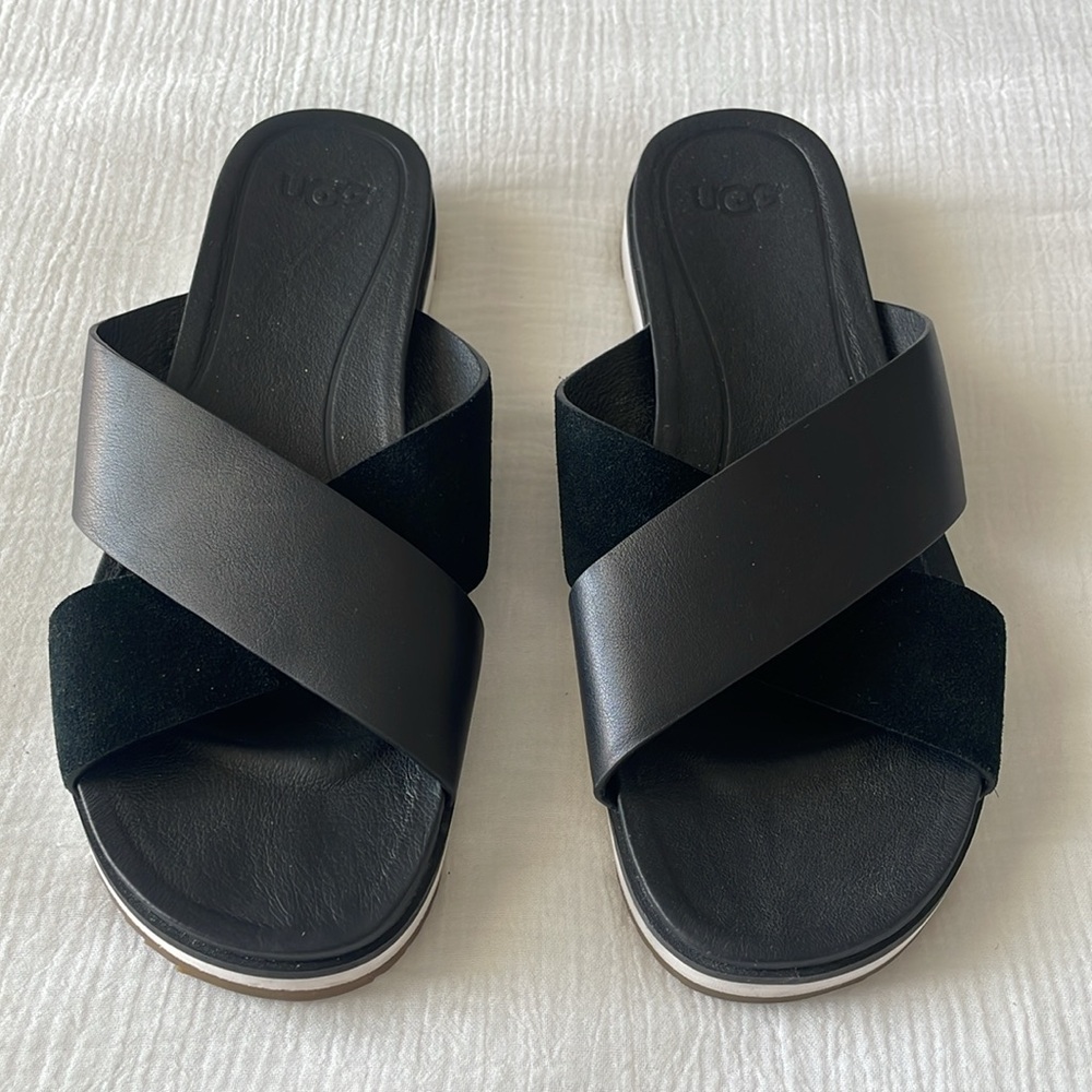 Ugg Kari Leather Slide Sandal Womens Black Slip On Open Toe Crisscross Strap 7 - Picture 5 of 15